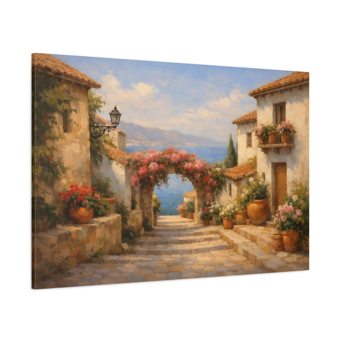 Main Mockup. Nature Coastal Village Mediterranean Village shown as stretched canvas wall art