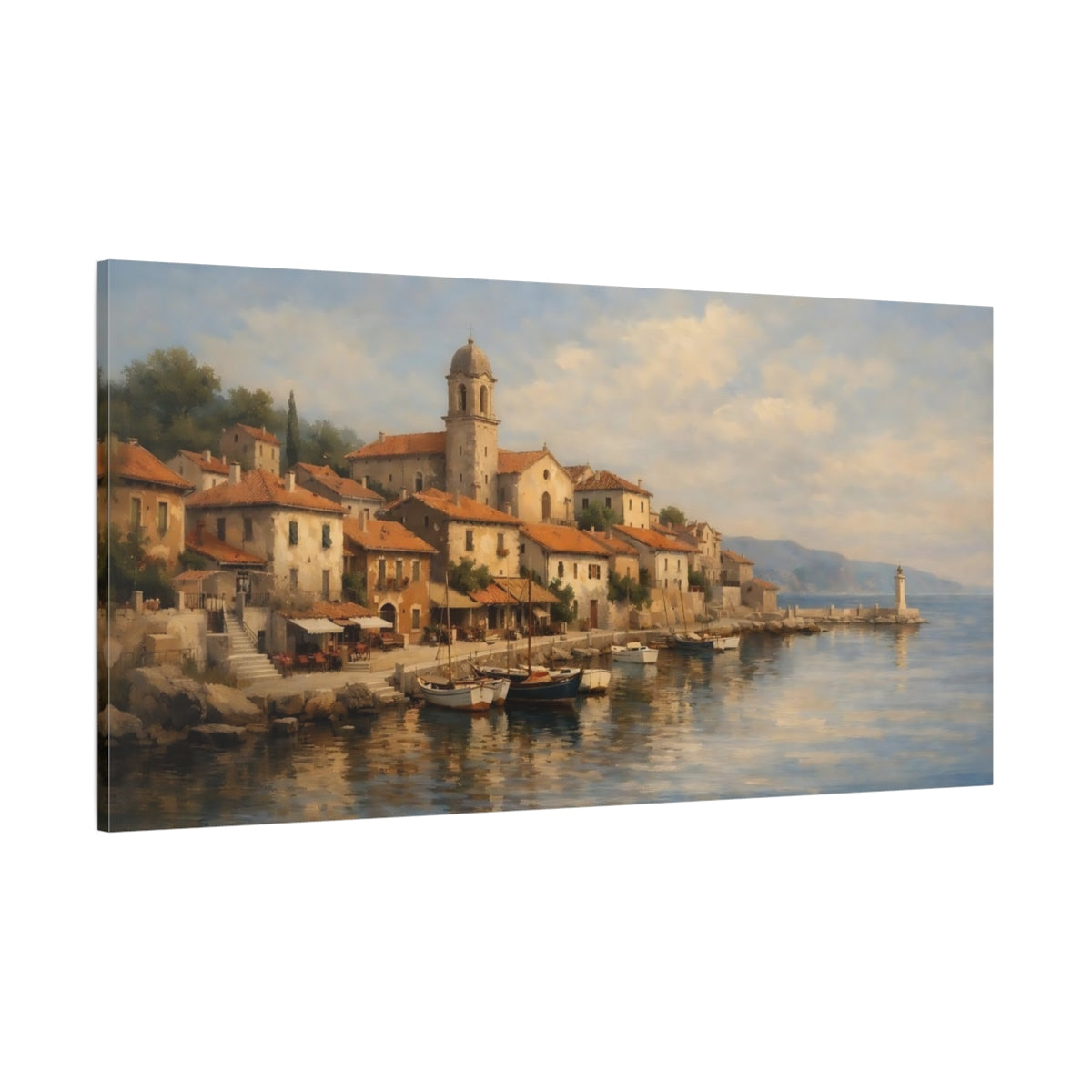 Main Mockup. Nature Coastal Village Mediterranean Village shown as stretched canvas wall art