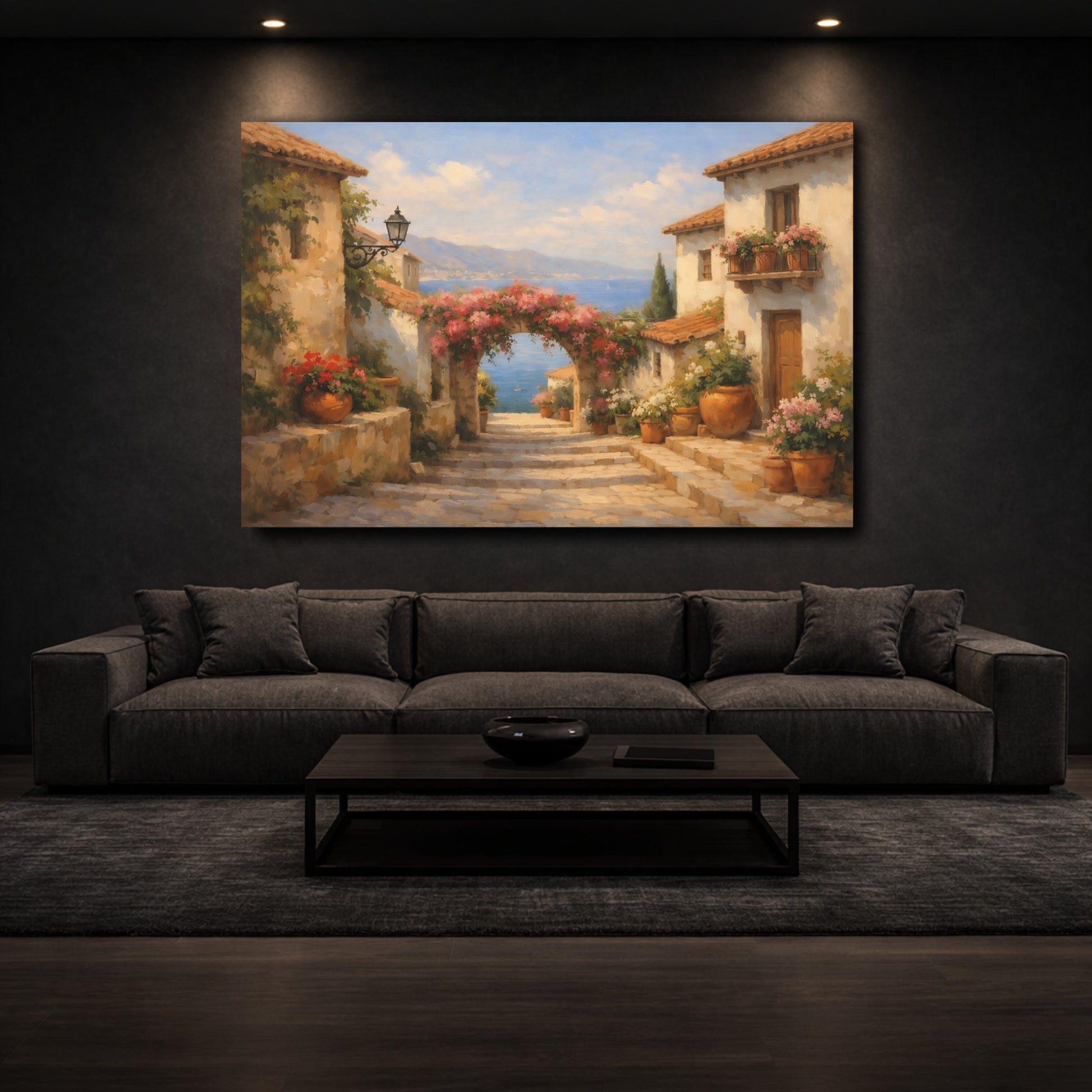 Mockup 2. Nature Coastal Village Mediterranean Village shown as stretched canvas wall art