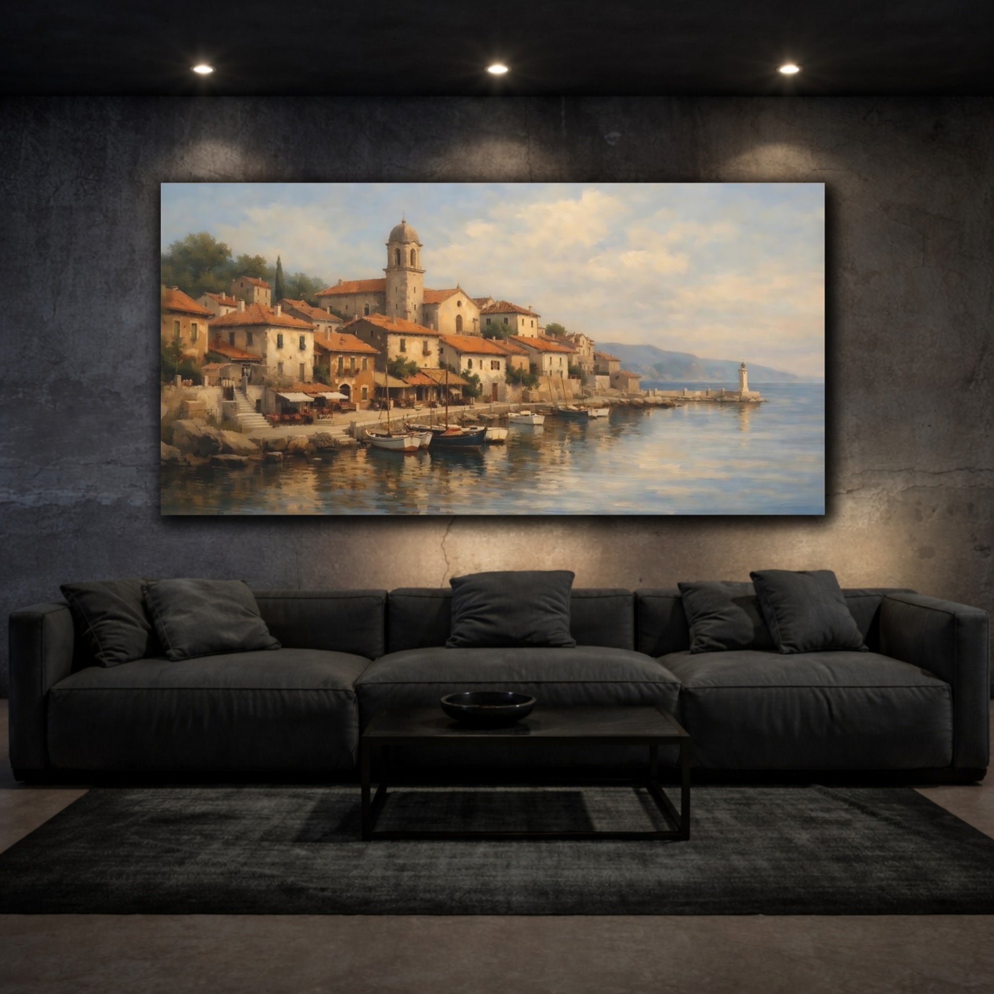 Mockup 2. Nature Coastal Village Mediterranean Village shown as stretched canvas wall art