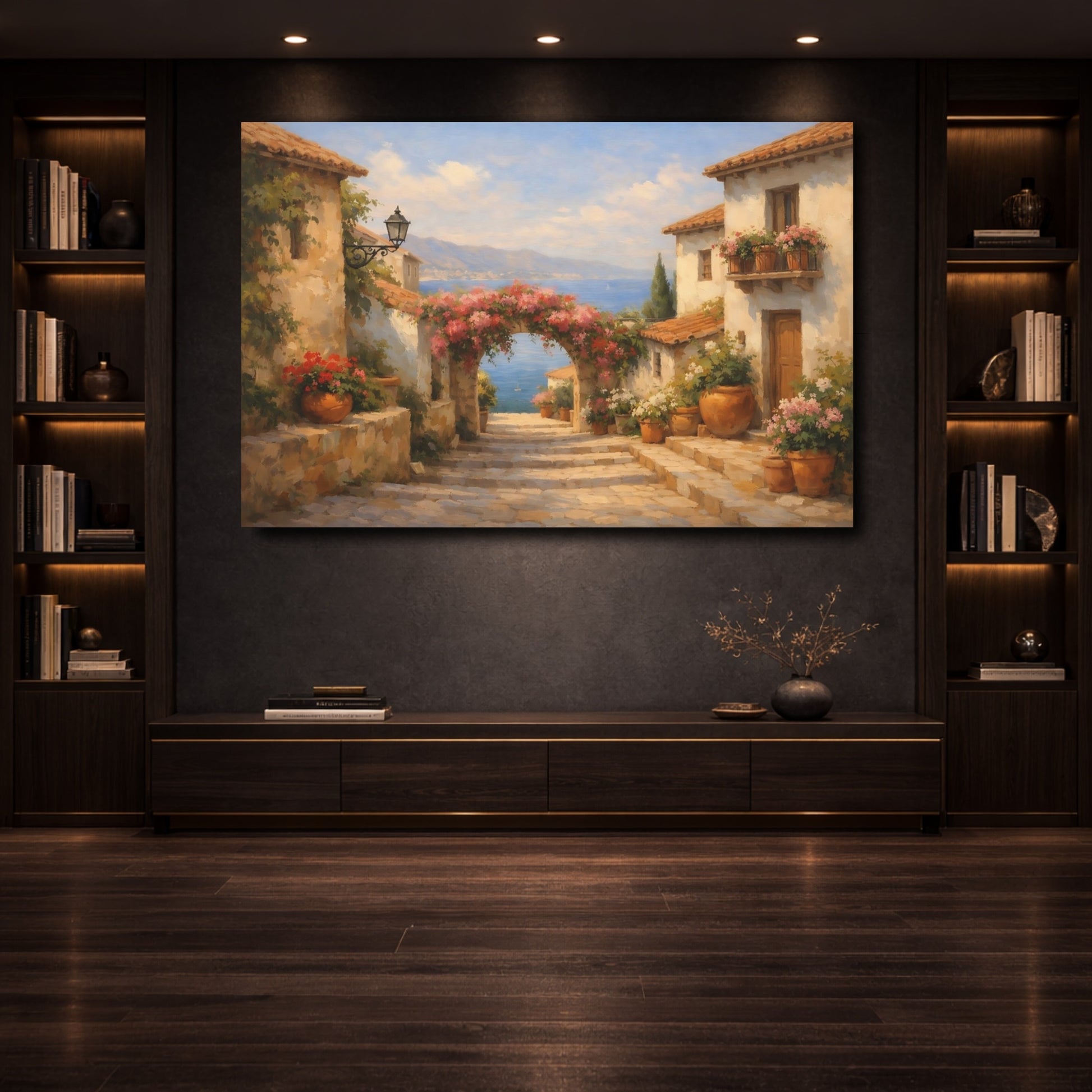 Mockup 3. Nature Coastal Village Mediterranean Village shown as stretched canvas wall art