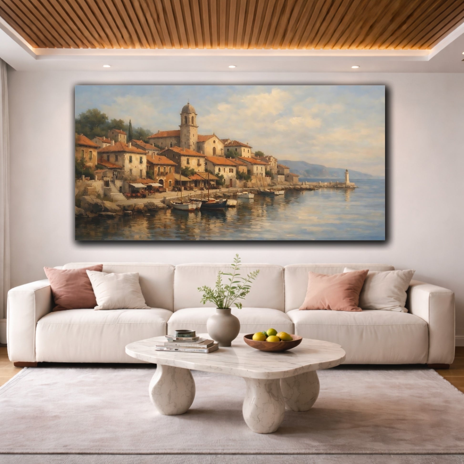 Mockup 3. Nature Coastal Village Mediterranean Village shown as stretched canvas wall art