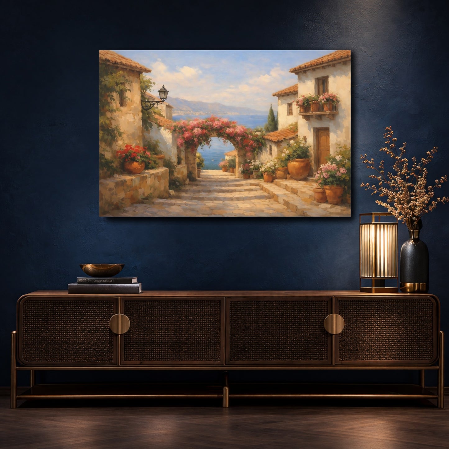 Mockup 4. Nature Coastal Village Mediterranean Village shown as stretched canvas wall art