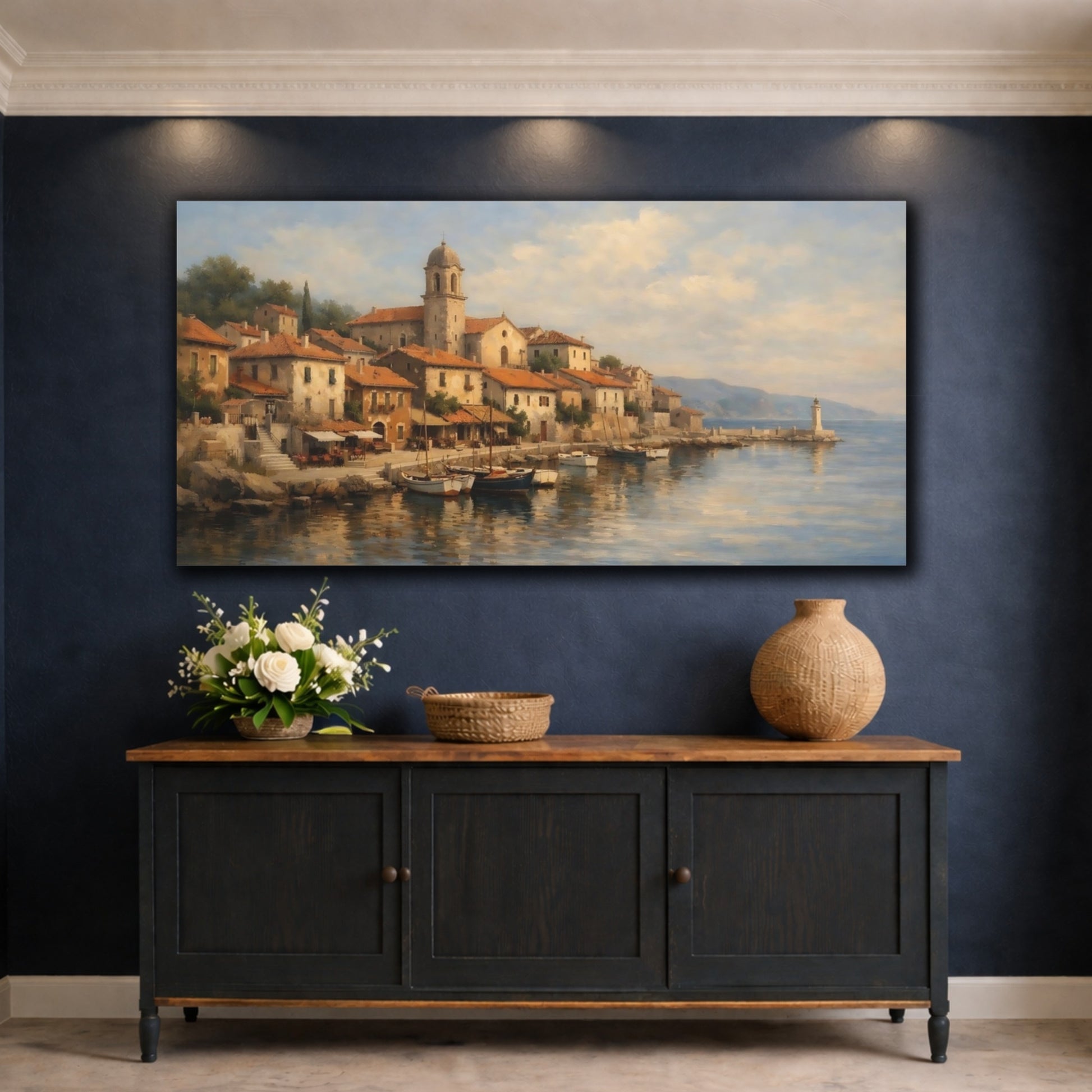 Mockup 4. Nature Coastal Village Mediterranean Village shown as stretched canvas wall art