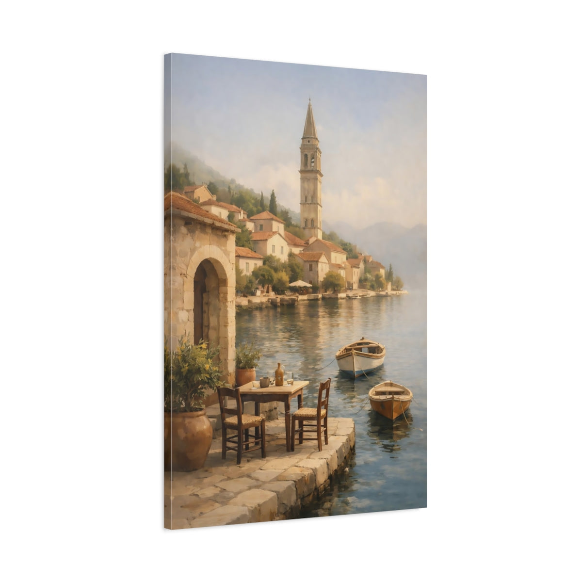 Side Mockup 1. Nature Coastal Village Coastal Village Scene shown as stretched canvas wall art