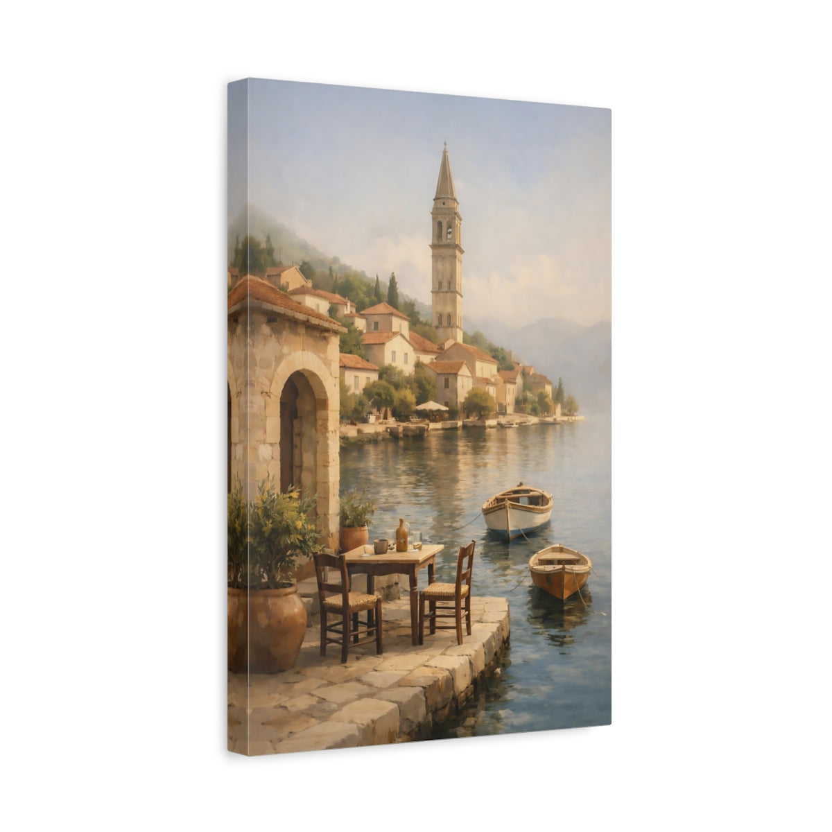 Side Mockup 4. Nature Coastal Village Coastal Village Scene shown as stretched canvas wall art
