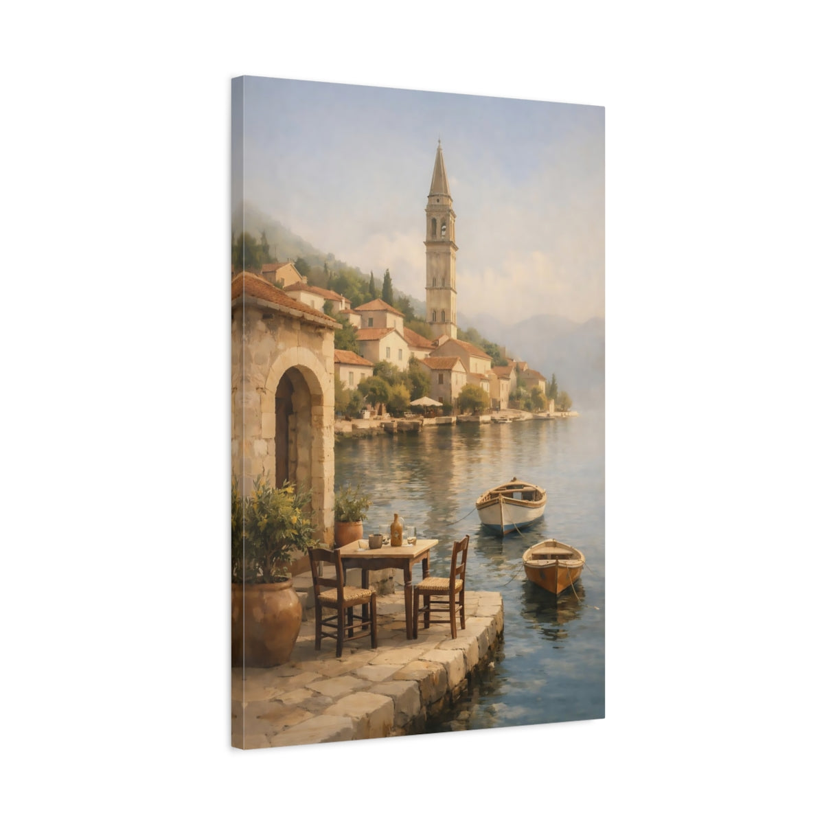 Side Mockup 2. Nature Coastal Village Coastal Village Scene shown as stretched canvas wall art