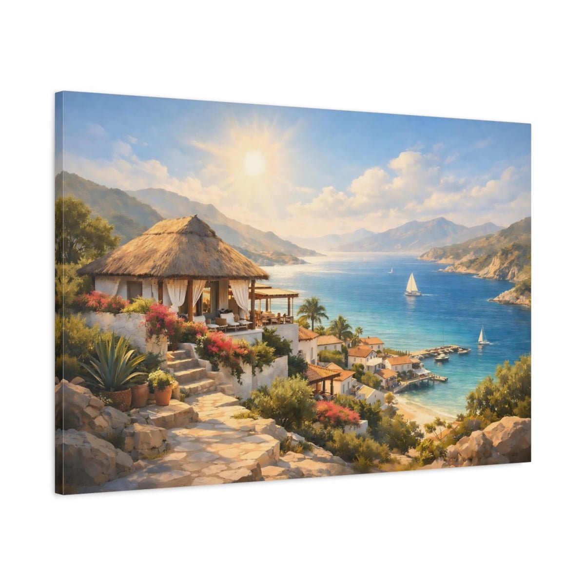 Nature Coastal Village Sunny Mediterranean Seascape - Canvas Wall Art Print - YesArtYes