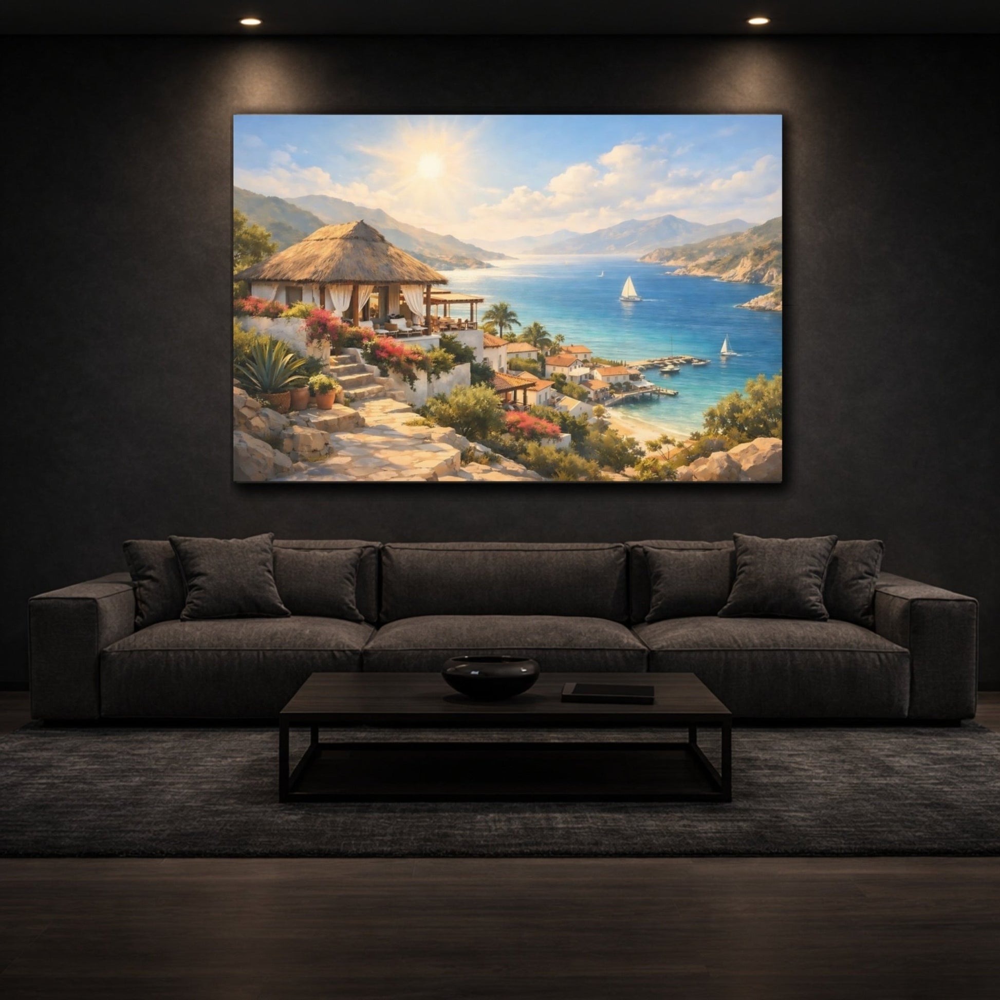 Nature Coastal Village Sunny Mediterranean Seascape - Canvas Wall Art Print - YesArtYes