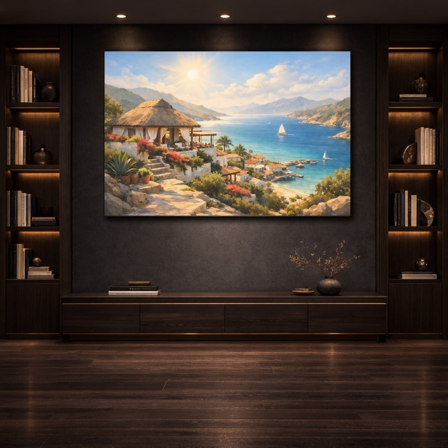 Nature Coastal Village Sunny Mediterranean Seascape - Canvas Wall Art Print - YesArtYes