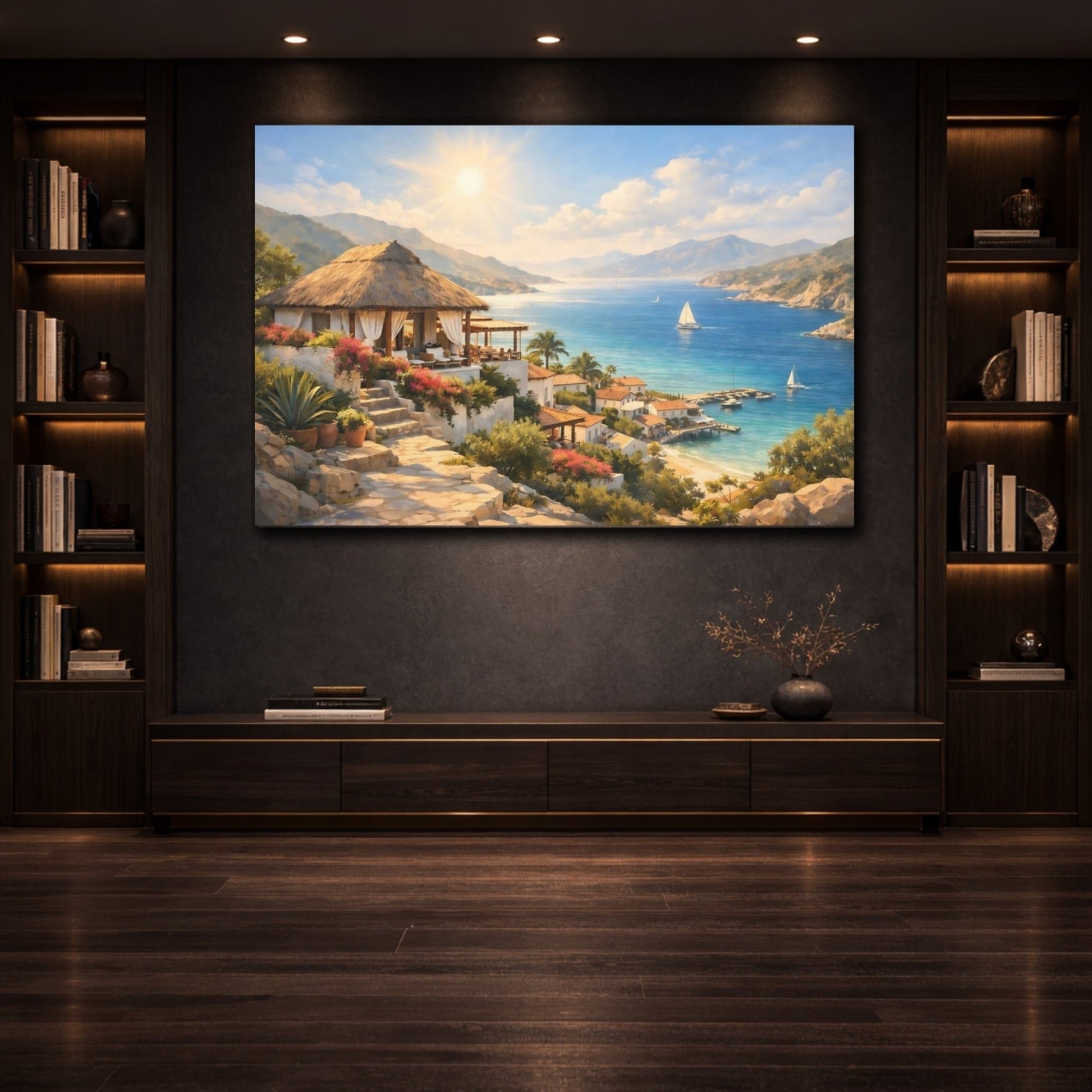 Nature Coastal Village Sunny Mediterranean Seascape - Canvas Wall Art Print - YesArtYes
