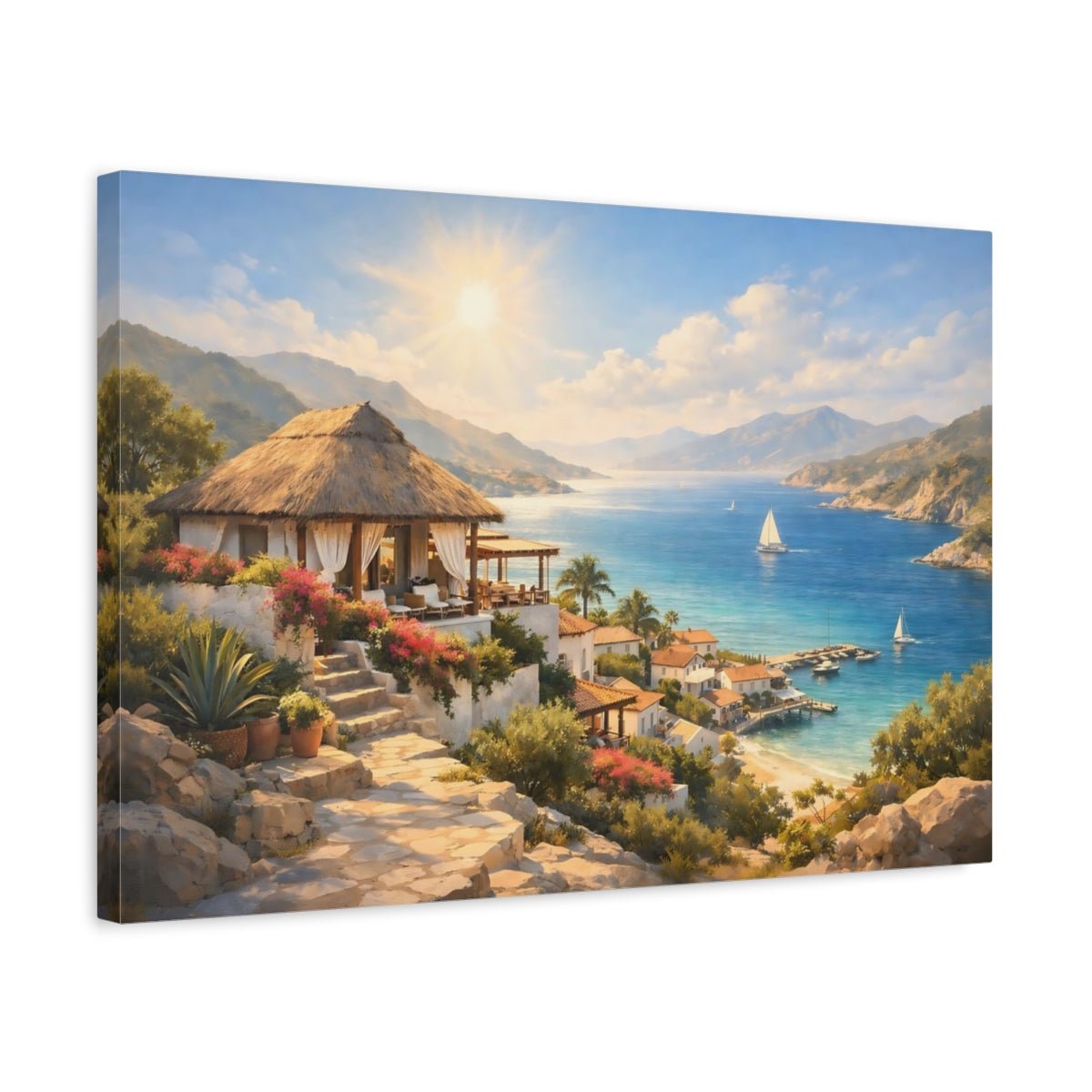 Nature Coastal Village Sunny Mediterranean Seascape - Canvas Wall Art Print - YesArtYes