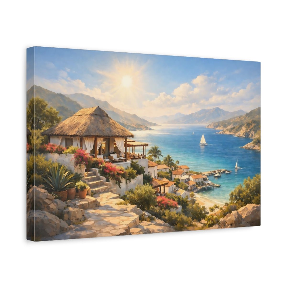 Nature Coastal Village Sunny Mediterranean Seascape - Canvas Wall Art Print - YesArtYes