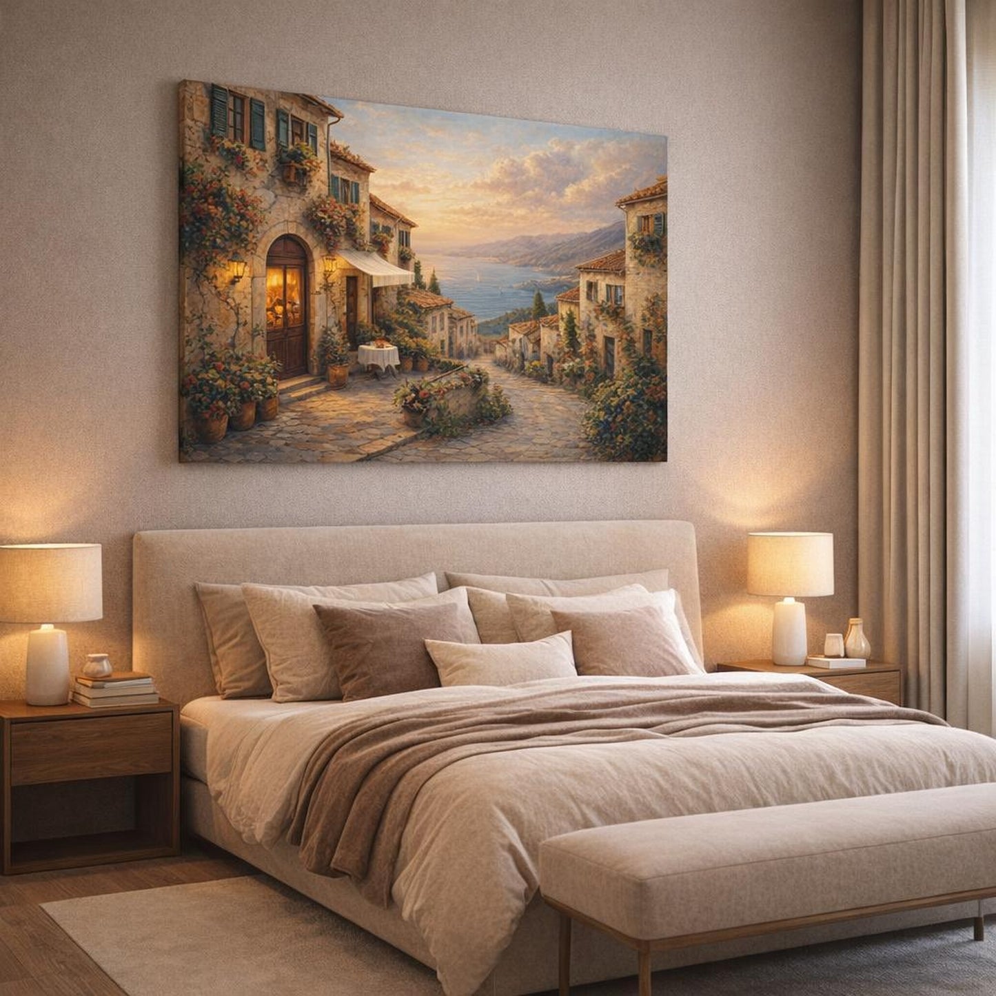 Nature Coastal Village Warm Mediterranean shown as canvas wall art in a luxury bedroom