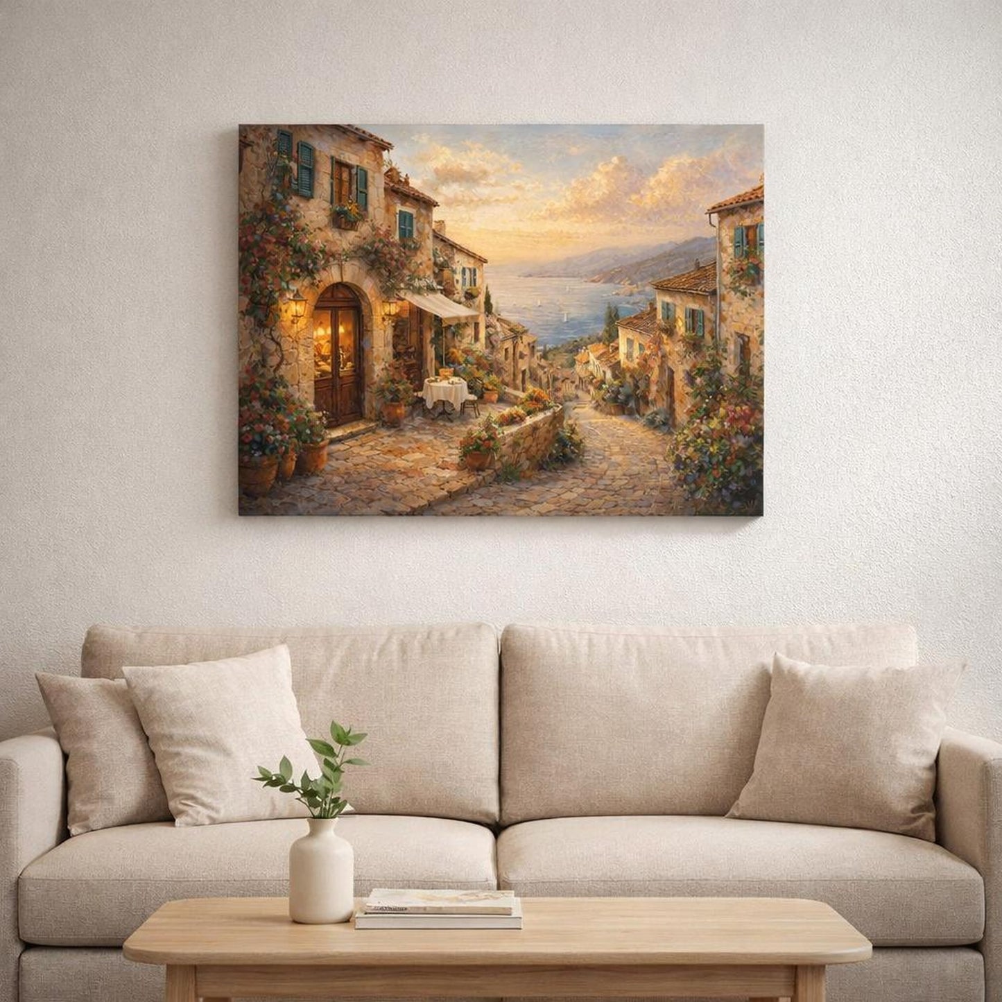 Nature Coastal Village Warm Mediterranean shown as canvas wall art in a sophisticated contemporary living space