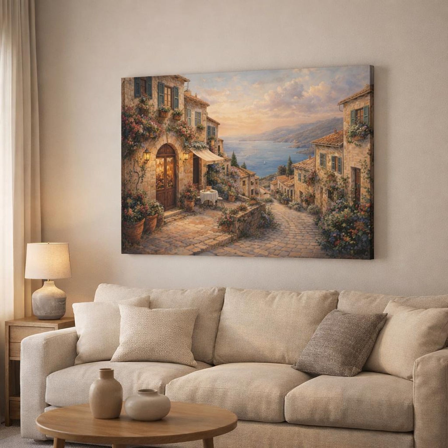Nature Coastal Village Warm Mediterranean shown as canvas wall art in a modern living room