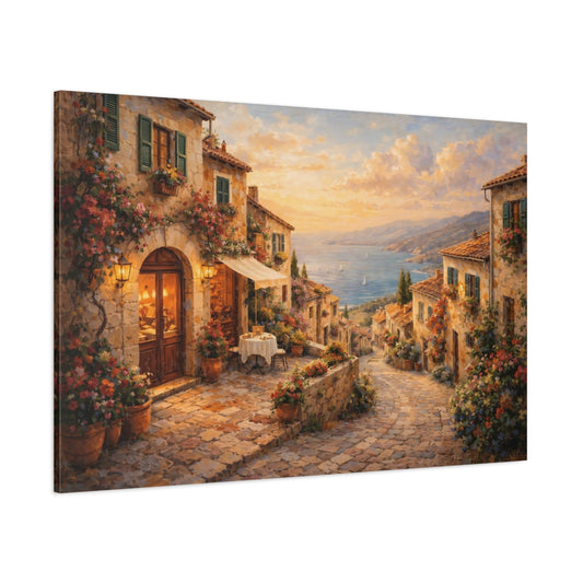 Nature Coastal Village Warm Mediterranean shown as stretched canvas wall art
