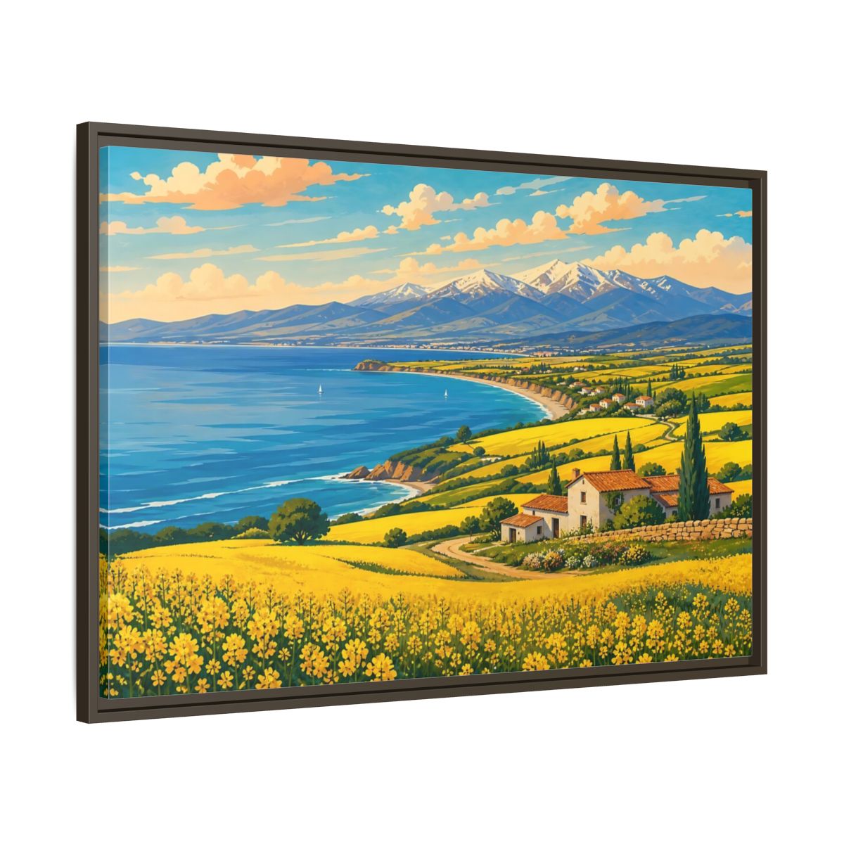 Main Mockup. Nature Coastal Village Yellow Blue Landscape shown as stretched canvas wall art