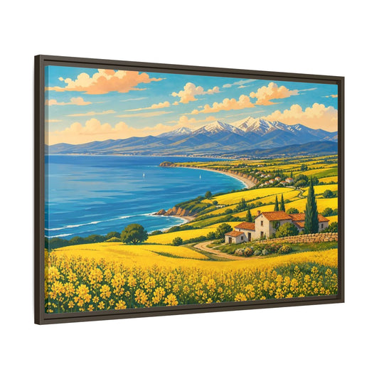 Main Mockup. Nature Coastal Village Yellow Blue Landscape shown as stretched canvas wall art