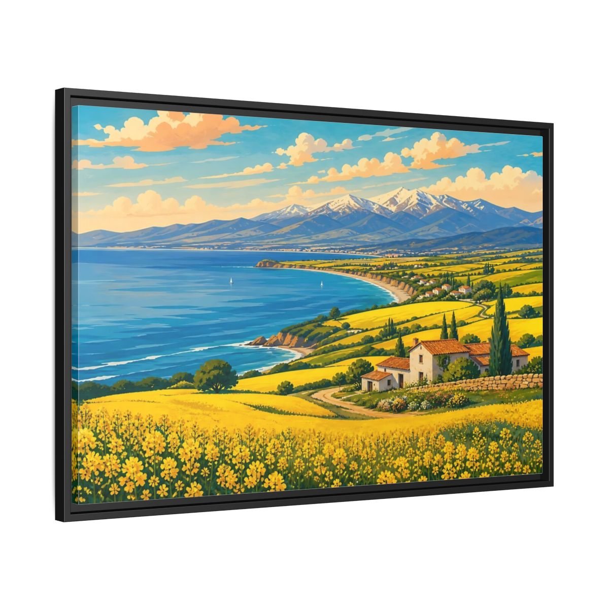 Nature Coastal Village Yellow Blue Landscape Framed Canvas Wall Art Print – Vibrant Living Room, Above Couch - YesArtYes