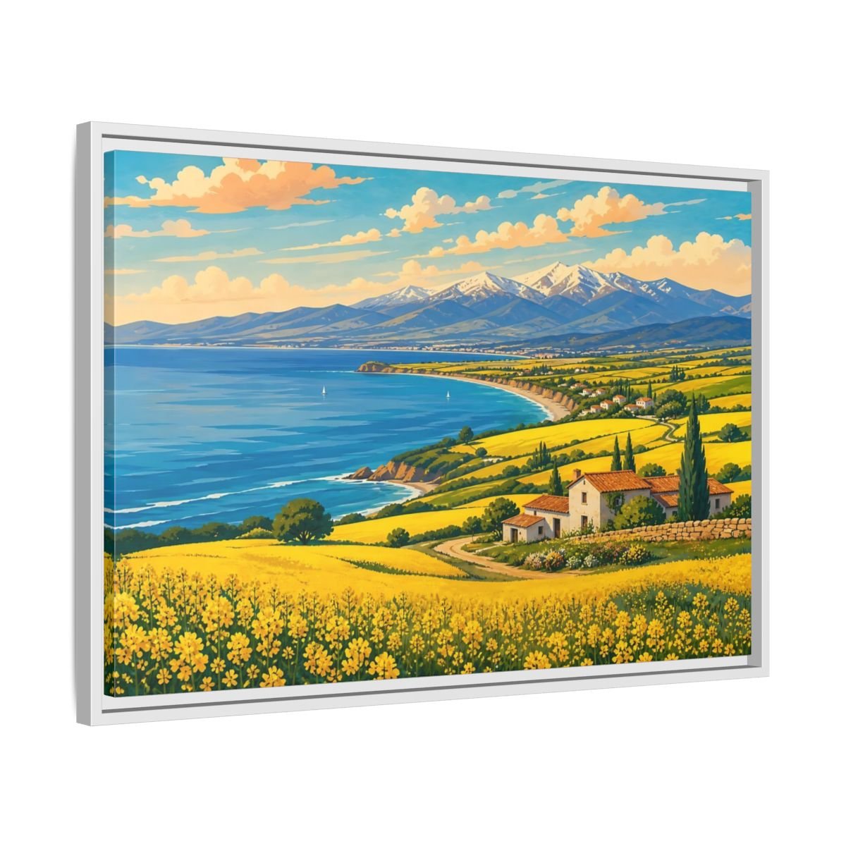 Nature Coastal Village Yellow Blue Landscape Framed Canvas Wall Art Print – Vibrant Living Room, Above Couch - YesArtYes
