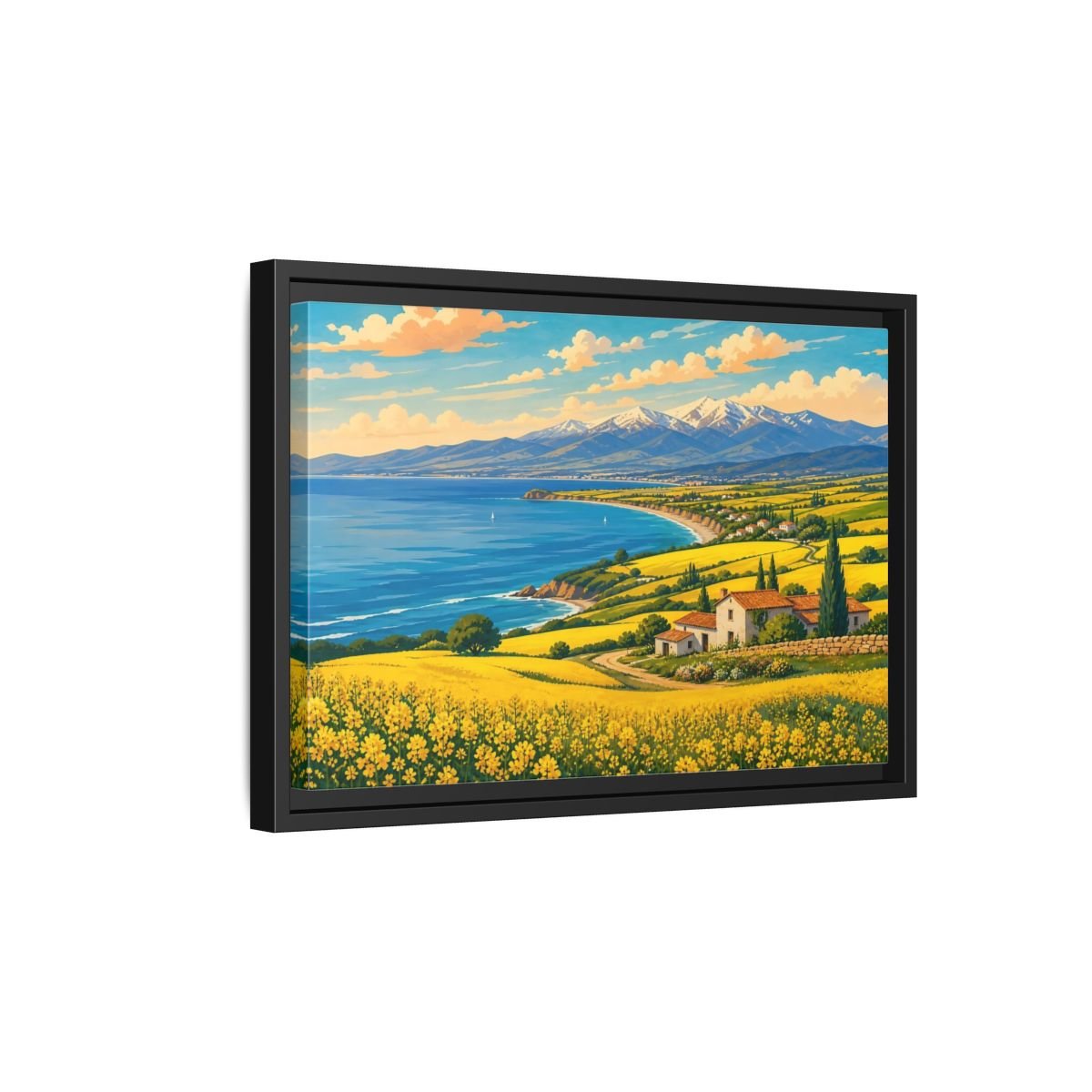 Nature Coastal Village Yellow Blue Landscape Framed Canvas Wall Art Print – Vibrant Living Room, Above Couch - YesArtYes