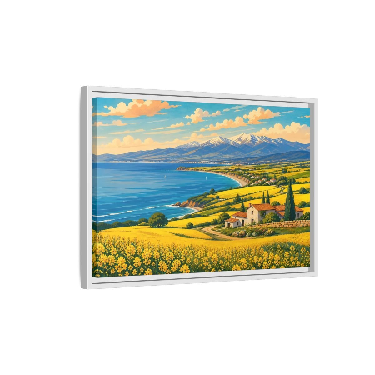 Nature Coastal Village Yellow Blue Landscape Framed Canvas Wall Art Print – Vibrant Living Room, Above Couch - YesArtYes