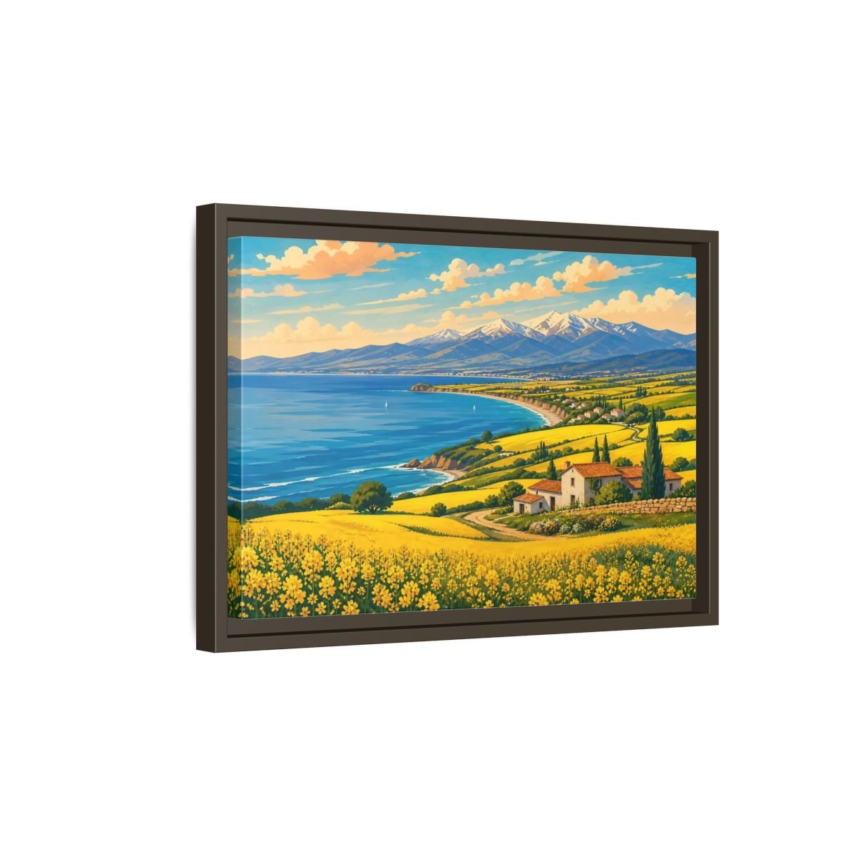 Nature Coastal Village Yellow Blue Landscape Framed Canvas Wall Art Print – Vibrant Living Room, Above Couch - YesArtYes
