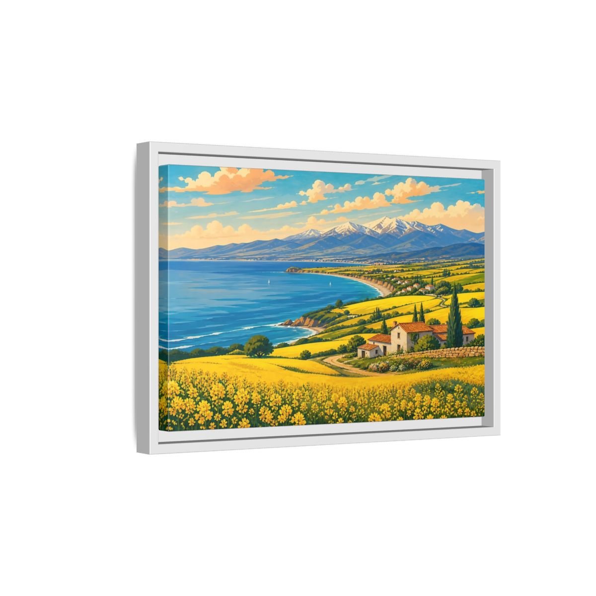 Nature Coastal Village Yellow Blue Landscape Framed Canvas Wall Art Print – Vibrant Living Room, Above Couch - YesArtYes