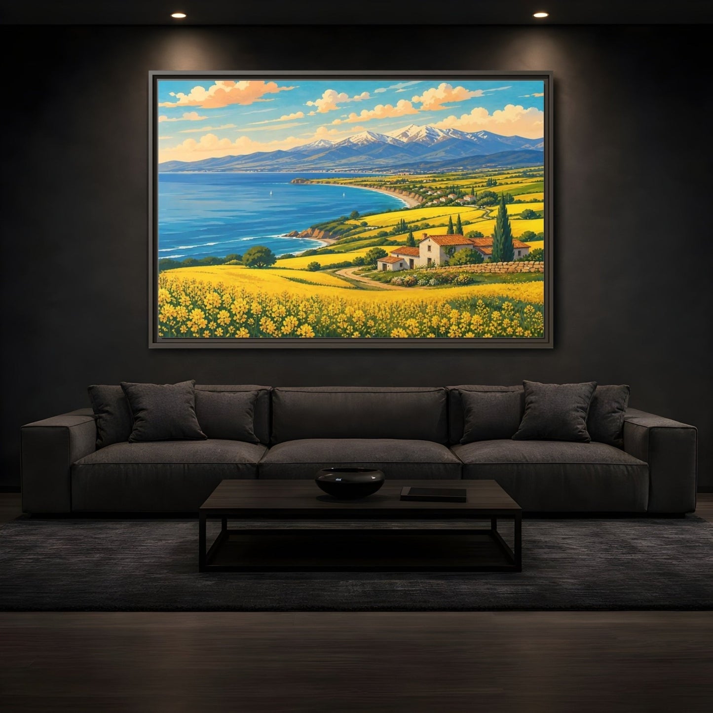 Nature Coastal Village Yellow Blue Landscape Framed Canvas Wall Art Print – Vibrant Living Room, Above Couch - YesArtYes