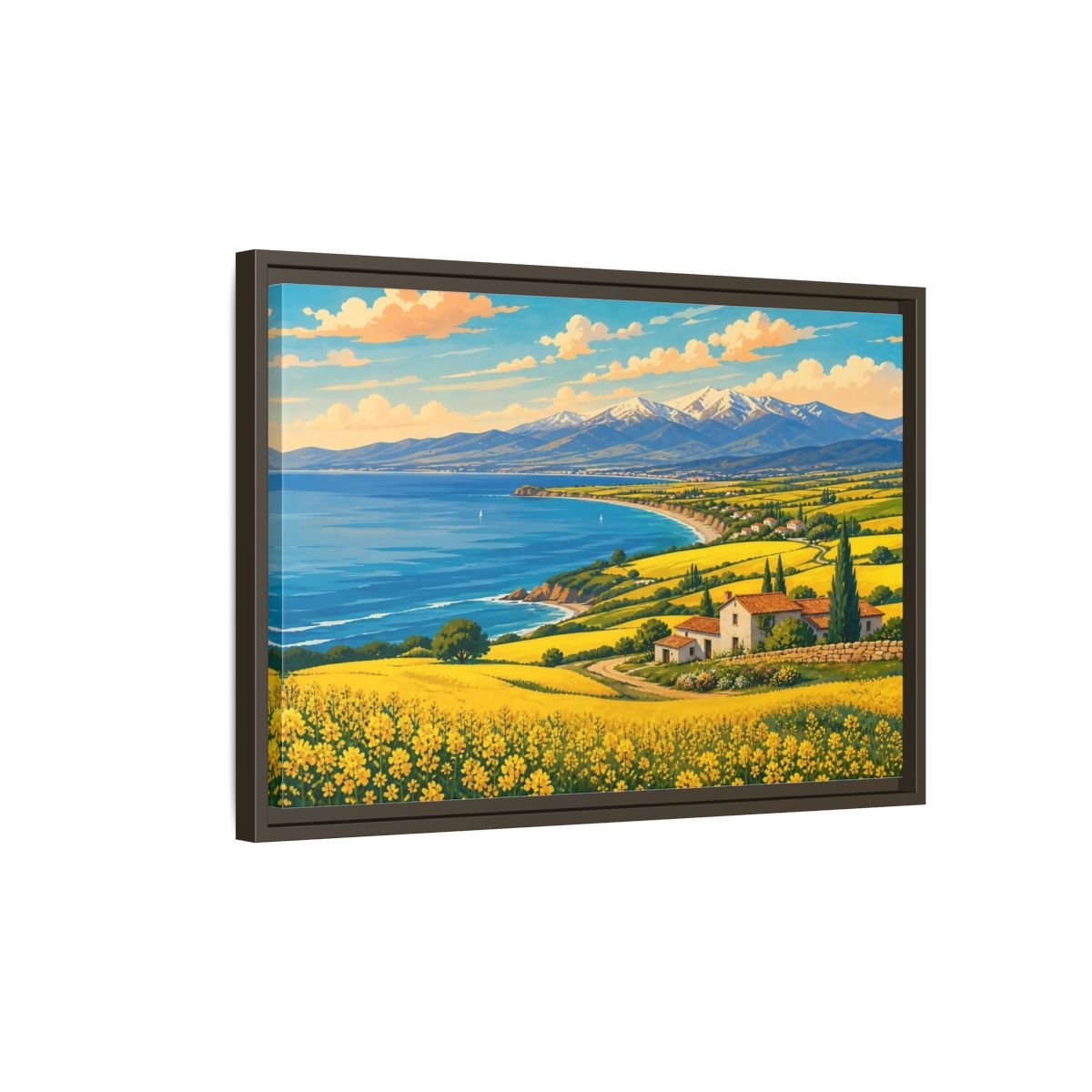 Nature Coastal Village Yellow Blue Landscape Framed Canvas Wall Art Print – Vibrant Living Room, Above Couch - YesArtYes