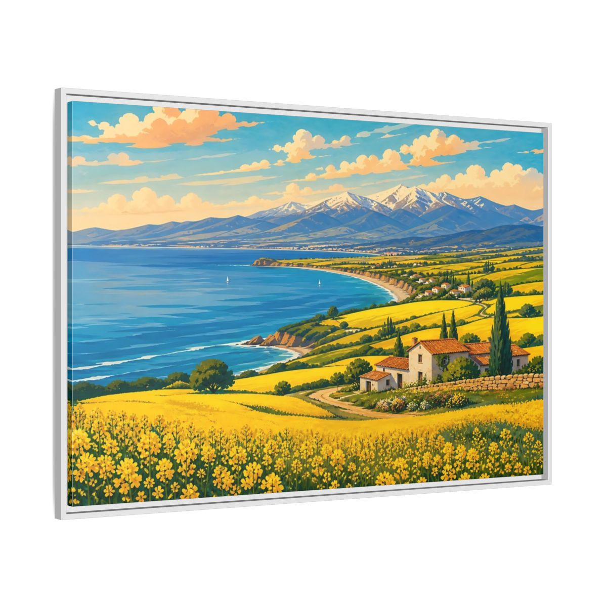 Side Mockup 7. Nature Coastal Village Yellow Blue Landscape shown as stretched canvas wall art