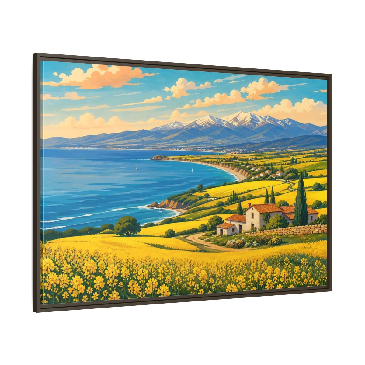 Side Mockup 8. Nature Coastal Village Yellow Blue Landscape shown as stretched canvas wall art