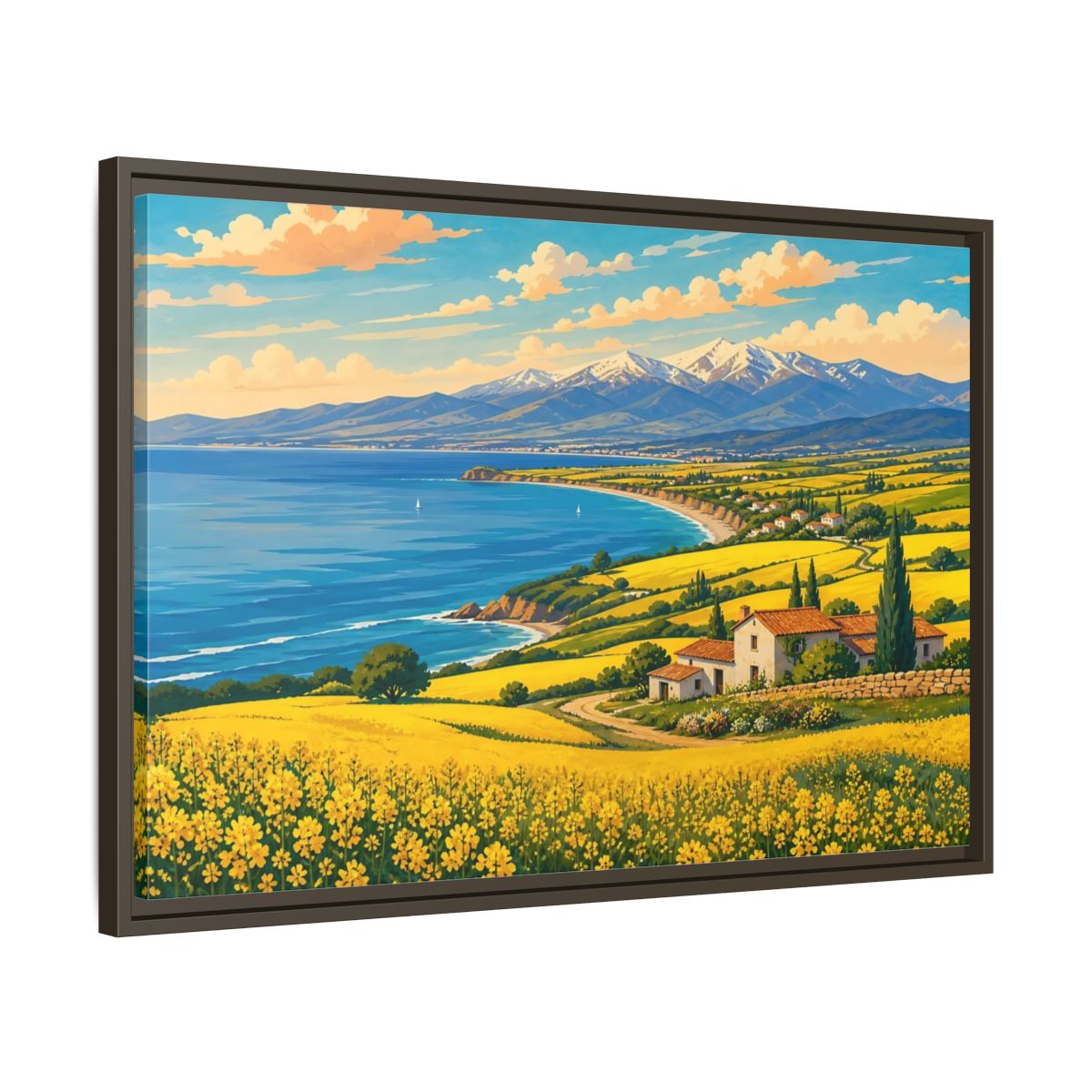 Side Mockup 11. Nature Coastal Village Yellow Blue Landscape shown as stretched canvas wall art