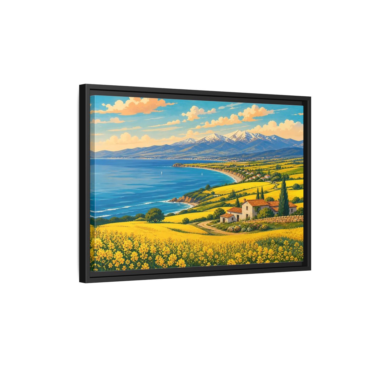 Side Mockup 3. Nature Coastal Village Yellow Blue Landscape shown as stretched canvas wall art