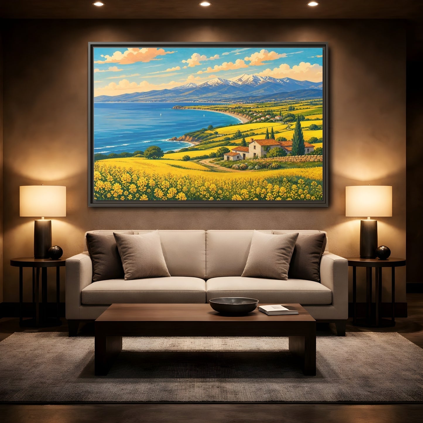 Mockup 2. Nature Coastal Village Yellow Blue Landscape shown as stretched canvas wall art