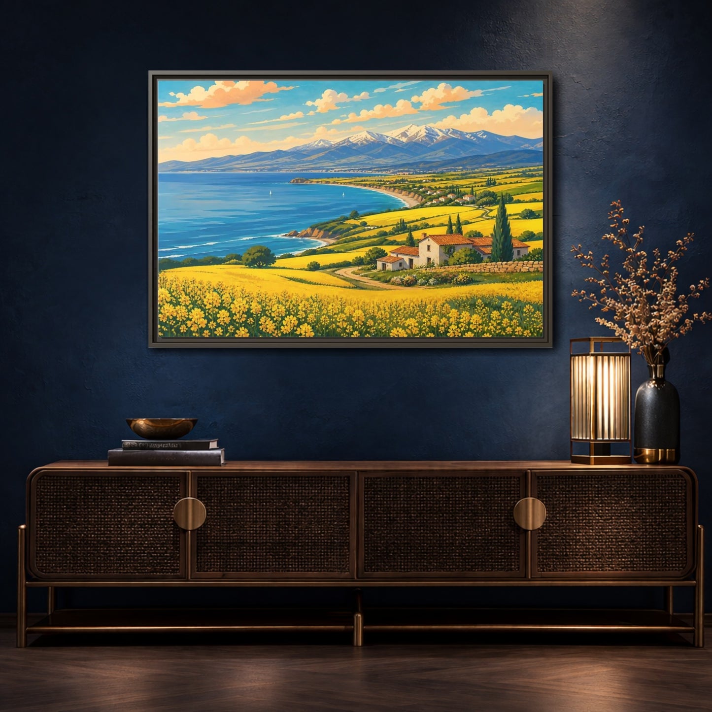 Mockup 4. Nature Coastal Village Yellow Blue Landscape shown as stretched canvas wall art
