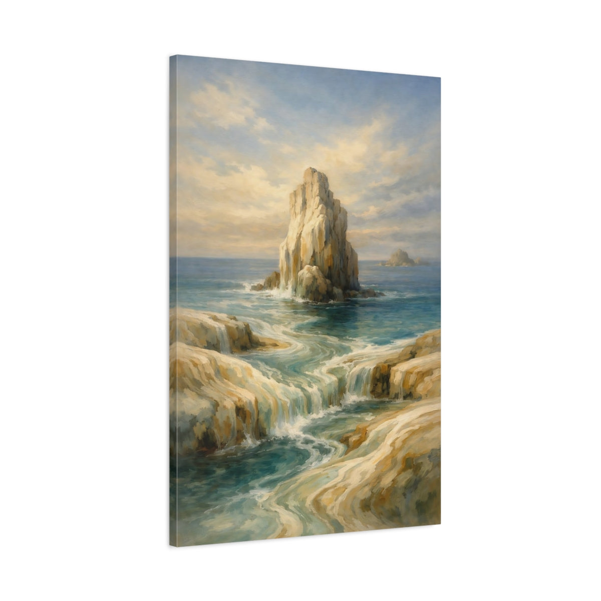 Side Mockup 1. Nature Coastal Waterfall Blue And Gold Coastal shown as stretched canvas wall art