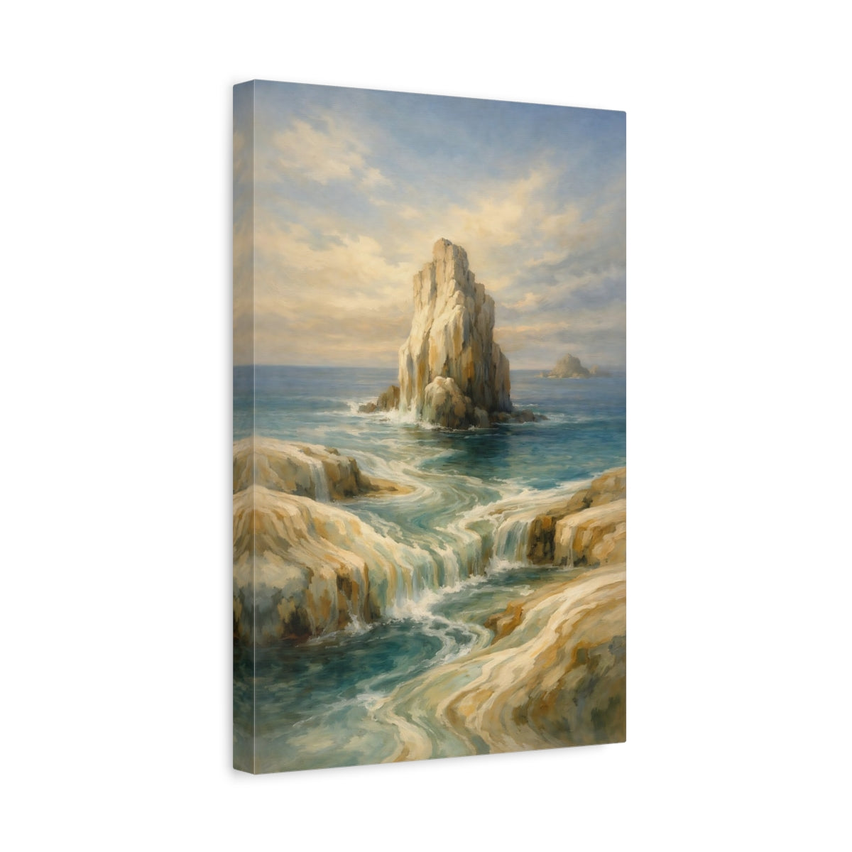 Side Mockup 4. Nature Coastal Waterfall Blue And Gold Coastal shown as stretched canvas wall art