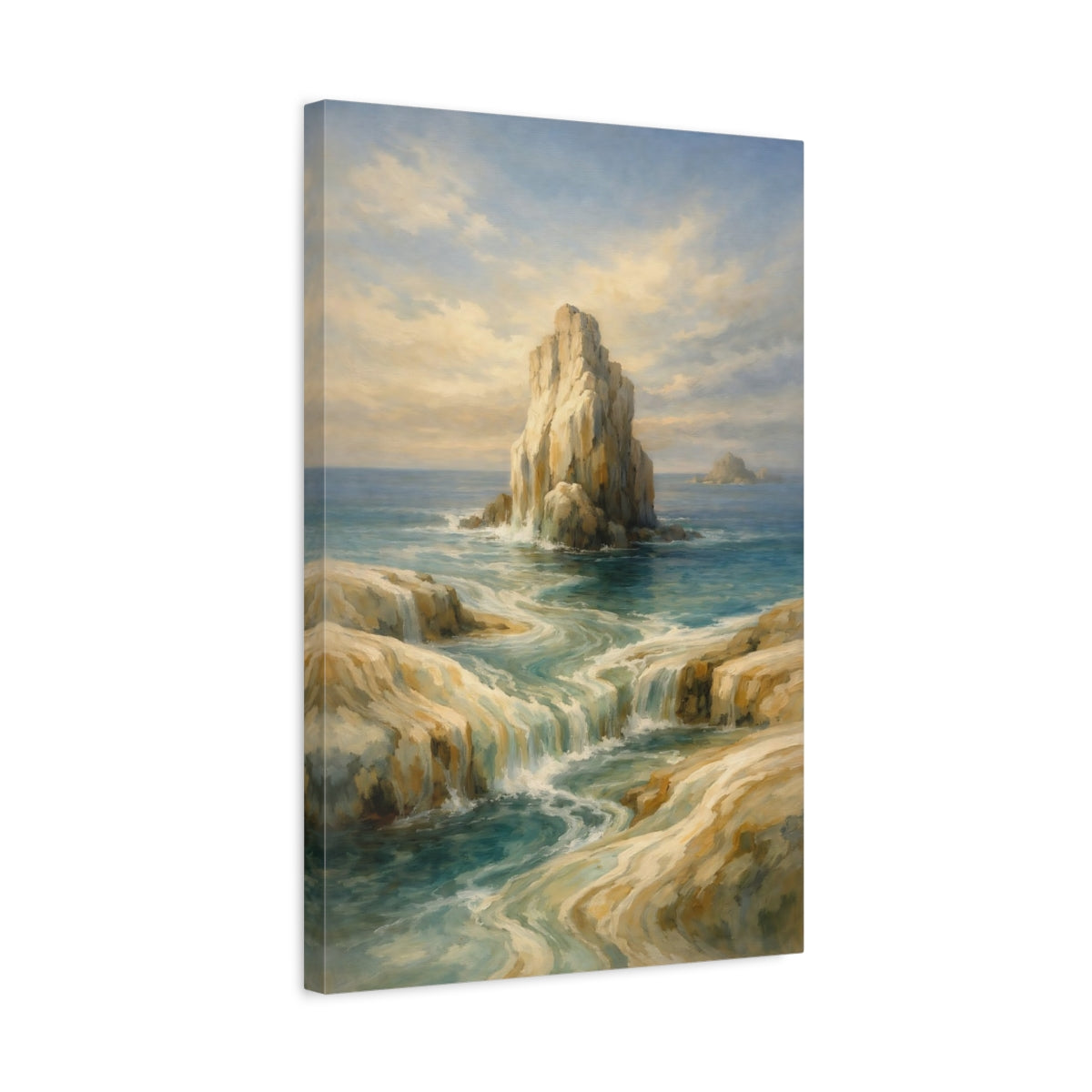 Side Mockup 3. Nature Coastal Waterfall Blue And Gold Coastal shown as stretched canvas wall art