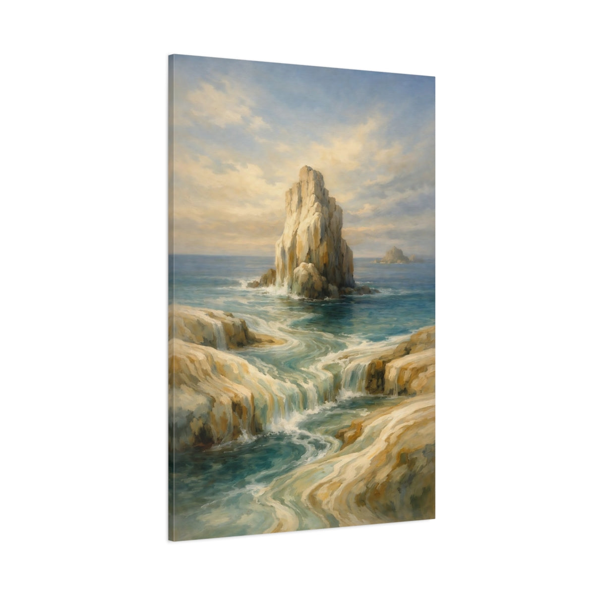 Main Mockup. Nature Coastal Waterfall Blue And Gold Coastal shown as stretched canvas wall art