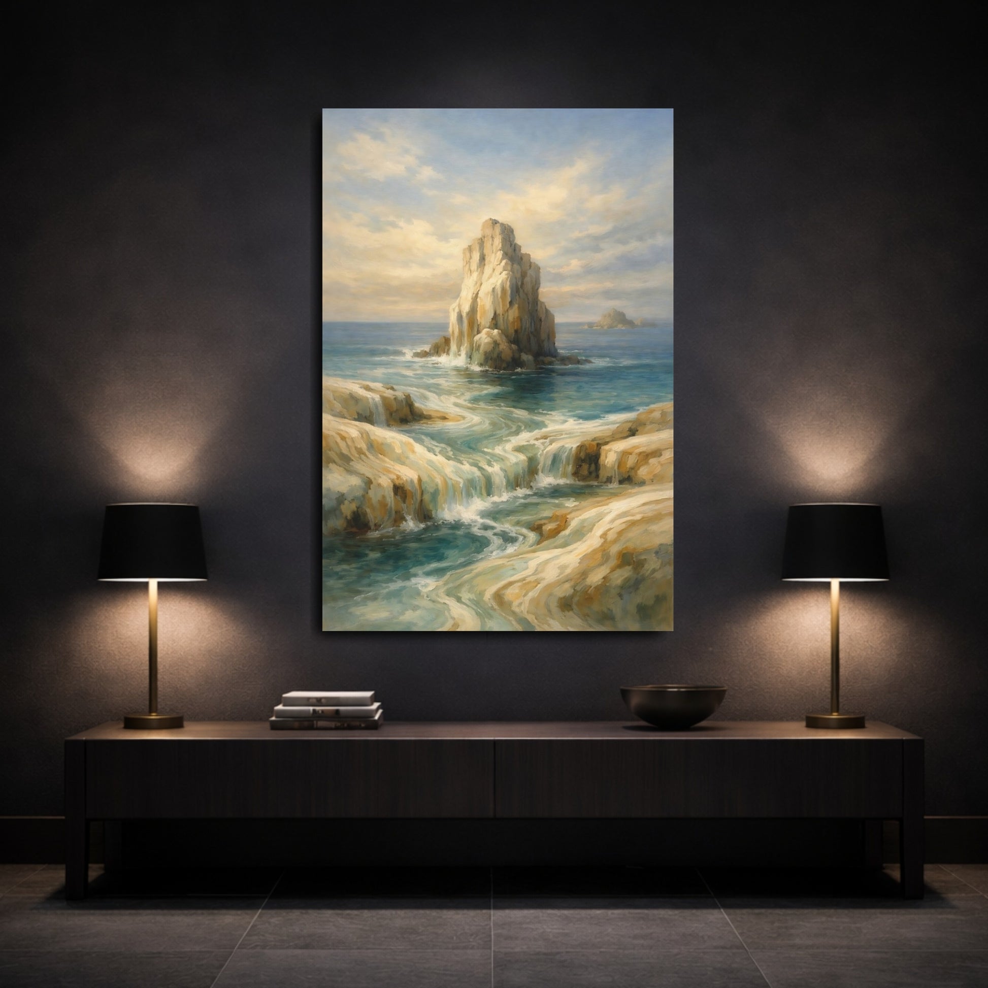 Mockup 2. Nature Coastal Waterfall Blue And Gold Coastal shown as stretched canvas wall art