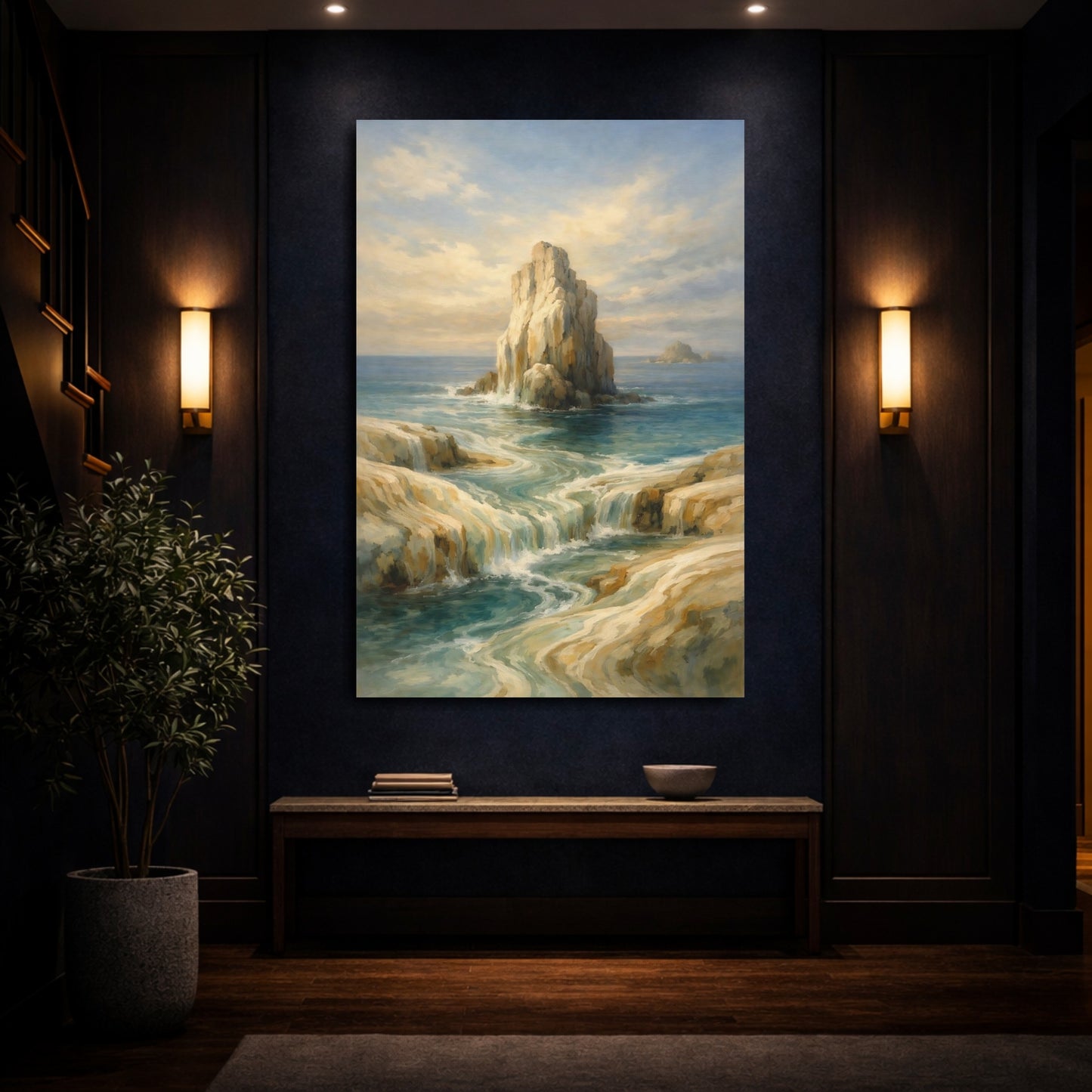 Mockup 3. Nature Coastal Waterfall Blue And Gold Coastal shown as stretched canvas wall art