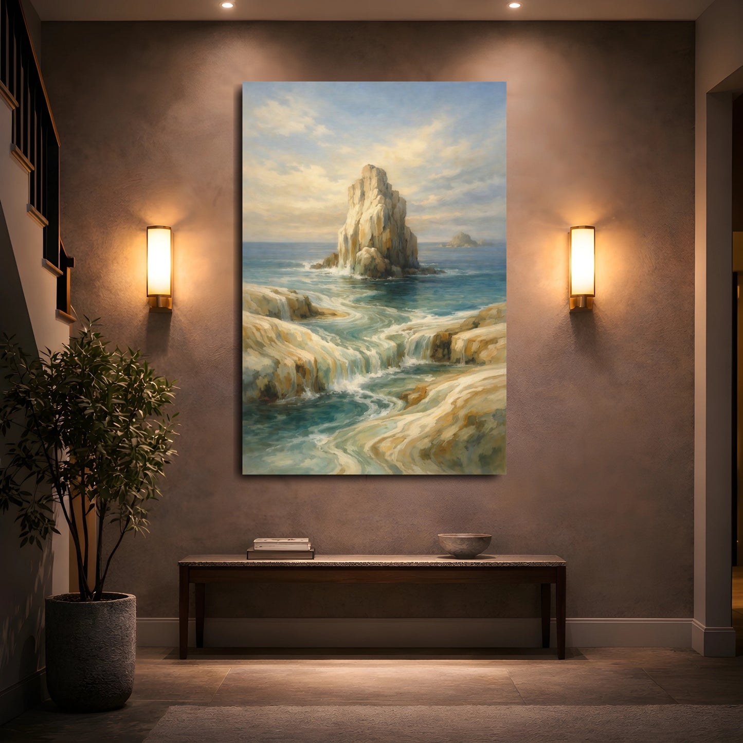 Mockup 4. Nature Coastal Waterfall Blue And Gold Coastal shown as stretched canvas wall art