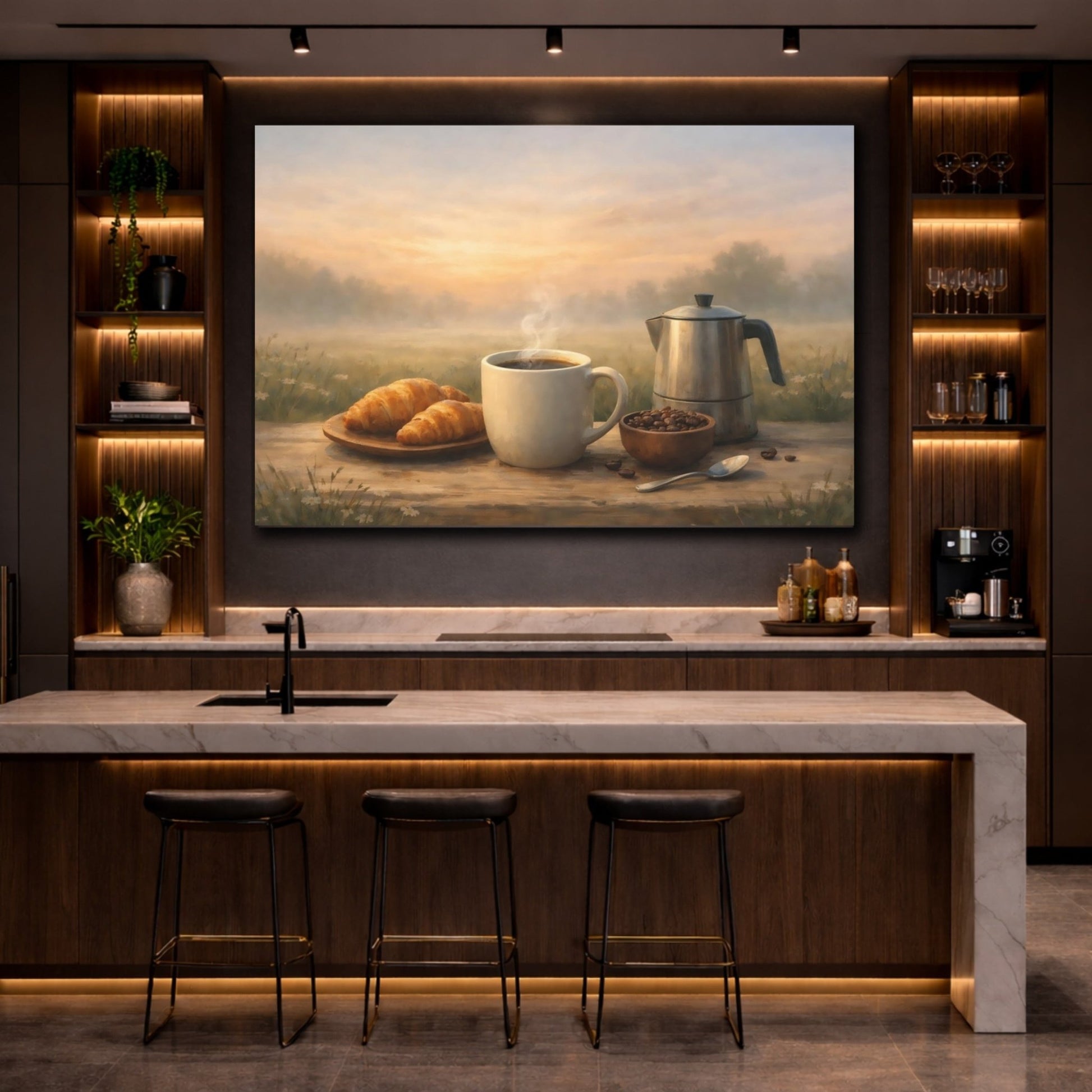 Nature Coffee Croissants Morning Breakfast - Canvas Wall Art Print - YesArtYes