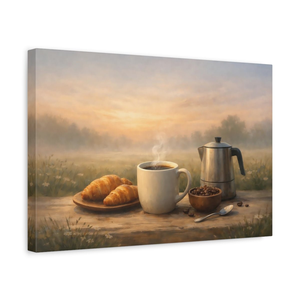 Nature Coffee Croissants Morning Breakfast - Canvas Wall Art Print - YesArtYes
