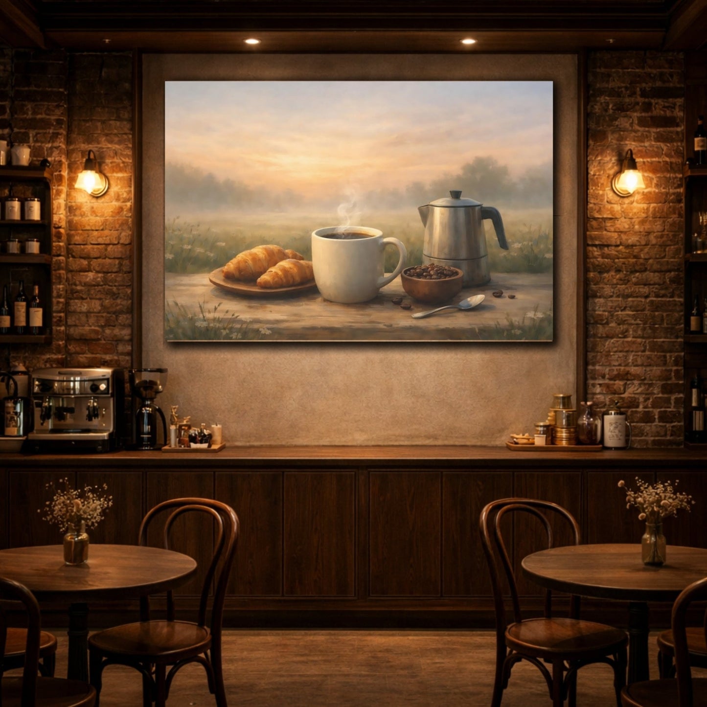 Nature Coffee Croissants Morning Breakfast - Canvas Wall Art Print - YesArtYes