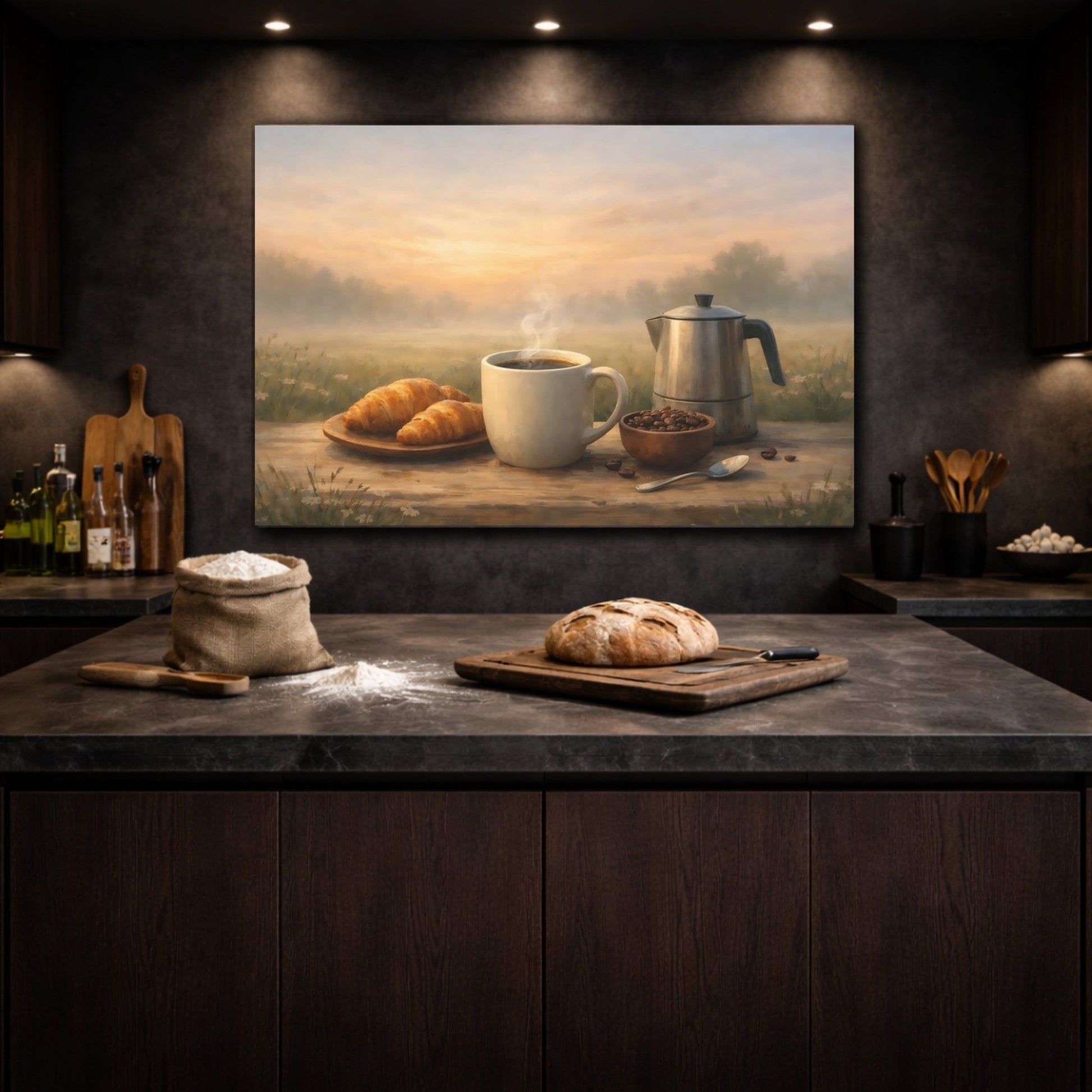 Nature Coffee Croissants Morning Breakfast - Canvas Wall Art Print - YesArtYes