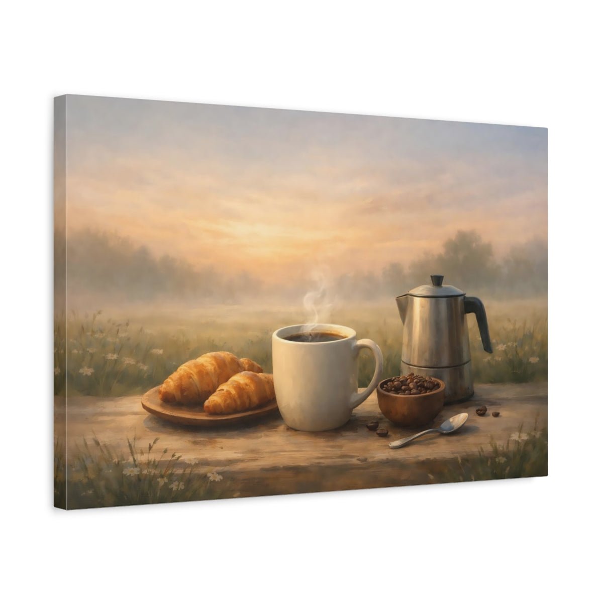 Nature Coffee Croissants Morning Breakfast - Canvas Wall Art Print - YesArtYes