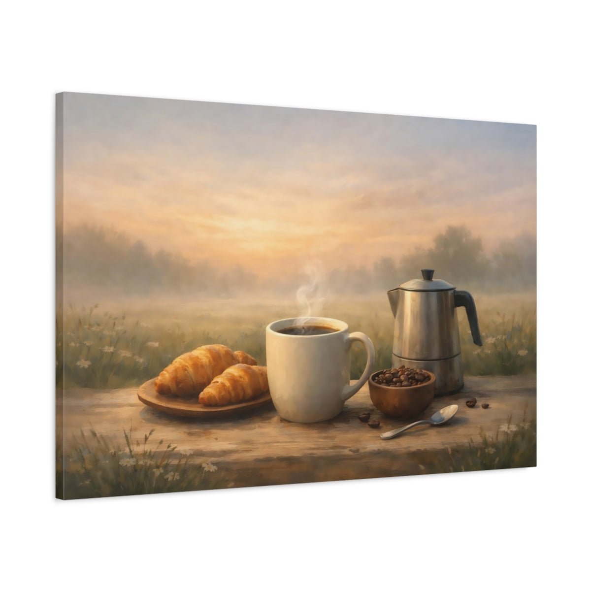 Nature Coffee Croissants Morning Breakfast - Canvas Wall Art Print - YesArtYes
